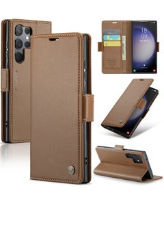 Buy Flip Wallet Case For Samsung Galaxy S24 Ultra, [RFID Blocking] PU Leather Wallet Flip Folio Case with Card Holder Kickstand Shockproof Phone Cover (Brown) in UAE