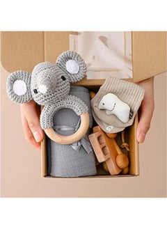 اشتري Baby Gift Set for Newborn New Baby Gift Set - 6 PCS Newborn Baby Essentials Baby Bath Set with Baby Rattle & Cotton Socks - New Born Baby Girls Gift & Baby Boy Gifts for Baby Shower (Gray Elephant-5) في السعودية