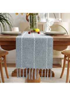 اشتري Rustic Linen Tablecloth Farmhouse Style Tablecloth 72" Long Embroidered Tablecloth with Handmade Tassel for Parties, Dresser Decor and Dining Room Decor (Blue, 13" x 72") في السعودية