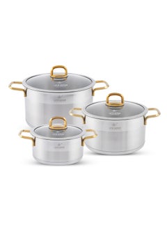 Buy President Series Premium 18/10 Stainless Steel Cookware Set - Pots and Pans Set Induction 3-Ply Thick Base for Even Heating Includes Casserroles 20/24/28cm Oven Safe Silver Gold in UAE