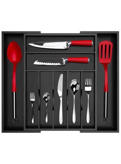 Buy Bamboo Kitchen Drawer Organizer Expandable & Adjustable Silverware Organizer - Utensil Holder and Cutlery Tray with Grooved Drawer Dividers for Flatware and Kitchen Utensils (Black) in UAE