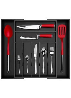 Buy Bamboo Kitchen Drawer Organizer Expandable & Adjustable Silverware Organizer - Utensil Holder and Cutlery Tray with Grooved Drawer Dividers for Flatware and Kitchen Utensils (Black) in UAE