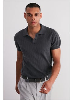 اشتري Men's Gray Regular Fit Openwork Buttoned Knitwear Polo Collar T-Shirt في مصر