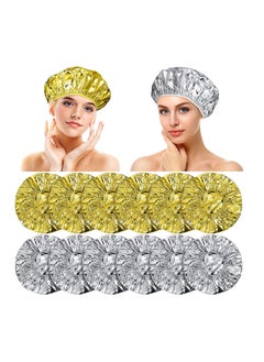 اشتري 12 Pieces Deep Conditioning Caps Aluminum Foil Reusable Hair Processing Caps Hair Coloring Shower Caps for Home Salon Use, Each Cap Measures 12 Inches(Golden, Silvery) في الامارات