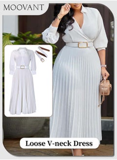 Buy Casual Dress for Women Stylish Solid Color Pleated Loose Plus Size Three Quarter Sleeve Dress with Belt Elegant Long Dress Ladies Loose Dress in Saudi Arabia