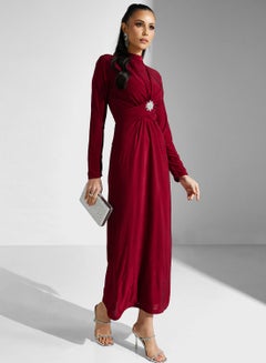 Buy Mock Neck Buckle Belted Dress in UAE