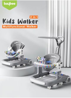 Buy 2 in 1 Baby Walker for Kids, Baby Push Walker with Adjustable Height, Footmat, Canopy, Foldable Kids Walker with Tray, Musical Toy & Light Toddler Walker for Baby 6-18 Months Boy Girl Grey in Saudi Arabia