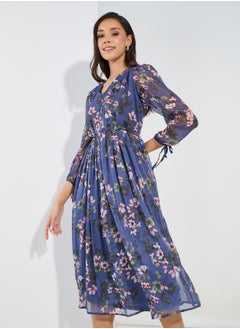 اشتري Floral Print Tie-Cuff Sleeves A-Line Midi Dress في السعودية