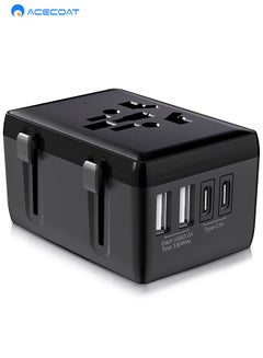 Buy Universal International Travel Adapter with 2 USB 2 Type C - Multifunctional Wall Plug Charger with 8A Fuse - Fast Charging Smart Socket Converter with Safety Protection for US/UK/EU/AU/Asia, Black in Saudi Arabia