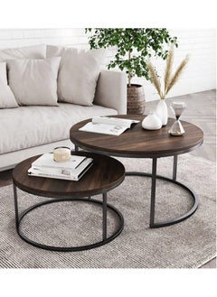 Buy Modern Nesting Round Coffee Table Set of 2 Pieces for Living Room Balcony Garden Etc, Round Coffee Table with Solid Metal Frame in Saudi Arabia