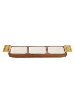 Buy Damask 3 - Portion Tray with Enamel & Handle, White & Gold - 46x14 cm in UAE