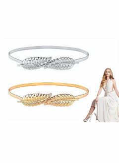 Buy Women Metal Chain Leaves Belt, Skinny Elastic Stretchy Decorative Waistband Adjustable Interlock Buckle for Dress, Jeans, Formal Clothing, Skirts and Pants, 2 Pieces, Silver Gold in UAE