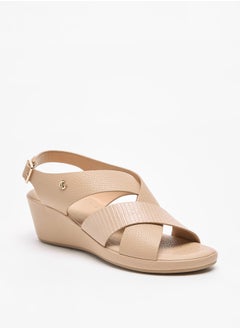 Buy Women Textured Cross Strap Sandals with Wedge Heels and Buckle Closure in Saudi Arabia