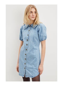 اشتري Short Sleeve Statement Collar Denim Dress في الامارات