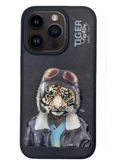 Buy Fergus Tiger Series Leather Phone Case with 3D Rises Letters and Embroidery Design for iPhone 15 Pro - Black in UAE