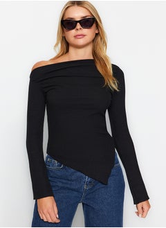 Buy Black Draped Boat Neck Asymmetrical Knitted Blouse TWOAW24BZ00393 in Egypt