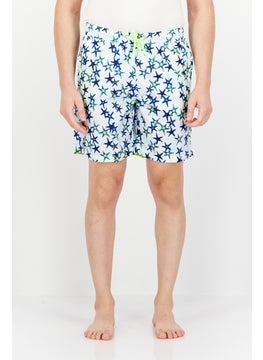 اشتري Men Star Print Drawstring Board Shorts, White/Blue/Neon Green في الامارات