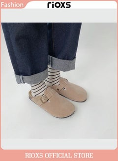 Buy Unisex Suede closed toe Clogs Leather Mules Cork Sandals Classic Anti Slip Sole Slippers with Arch Support and Adjustable Buckle in UAE