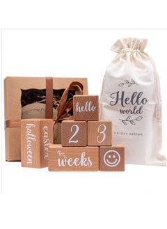 Buy Baby Monthly Milestone Age Blocks - Newborn Wood Block for Boy & Girl - Baby Shower Gifts Photography Props - Newborn Age Block Set with Week Month Year - Newborn Toys (Gift+Number Blocks) in Saudi Arabia