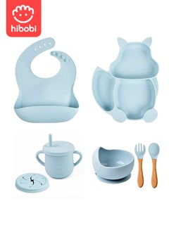 Buy 8Pcs Baby Feeding Silicone Infant Dinnerware Set Includes Baby Plate 2 Spoon 2 Fork Bib Bowl Water Cup Food Grade Silicone BPA Free Kids Divided Non-slip Feeding Dishes (Blue) in Saudi Arabia