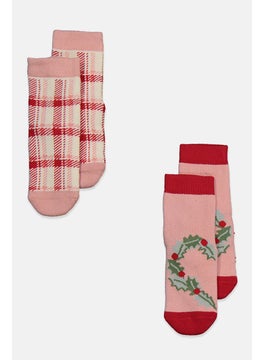 Buy Toddlers Girl 2 Pairs Graphic Print Knit Socks, Pink/Red in UAE