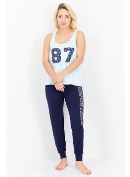 اشتري Women Graphic Print Top And Bottom Sleepwear Set, Light Green/Navy في الامارات