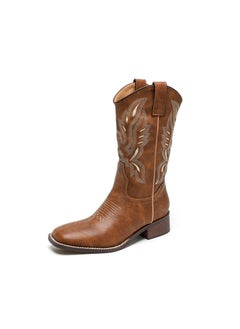 Buy Retro V-mouth western cowboy boots 2022 autumn new low heel embroidery in the tube Knight boots spot wholesaleLight brown Light brown in UAE