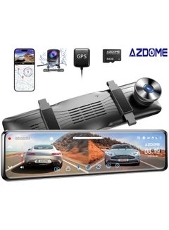 Buy AZDOME 12" 4K WIFI Mirror Dash Cam, Split-Screen Display Rear View Mirror Camera, Waterproof Backup Camera, Dual Dash Camera for Cars, Night Vision, Parking Monitor, 64GB Card & GPS in Saudi Arabia