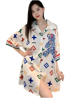 Buy Ladies Spring And Summer Chiffon Short-Sleeved Printed Shirt Nightdress Sleepwear Nightwear in UAE