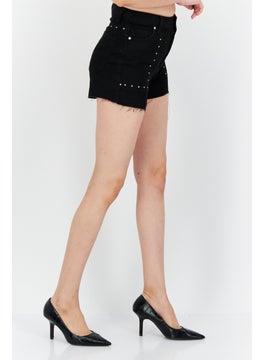 Buy Women Solid Studded Denim Shorts, Black in Saudi Arabia