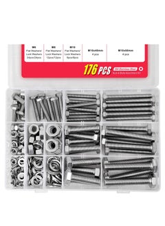 اشتري 176 Pieces M6 M8 M10 Heavy Duty Bolts and Nuts Assortment Kit, 304 Stainless Steel, Includes 16 Most Common Sizes, Stainless Steel Hex Head Bolt with Nut and Flat Spring Washer في الامارات