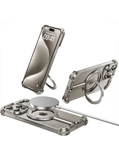 اشتري iPhone 15 Pro Max Case Cover Lightweight Metal Shock Bar Magsafe Case Finger Ring Holder Shockproof Phone Cover Bumper Magnetic Wireless Charging Mobile Phone Kickstand Protective Case Silver في الامارات