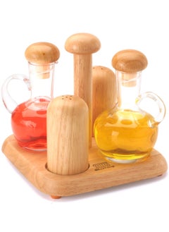 Buy Oil & Vinegar Bottles And Salt & Pepper Shakers With Wooden Stand in UAE