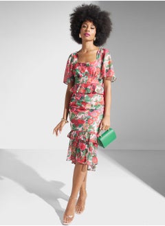 Buy Floral Square Neck Flared Sleeve Dress in Saudi Arabia