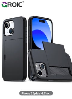 Buy iPhone 15 Plus Black Wallet Case with Card Holder, Heavy Duty Protective Dual Layer Slide Shockproof Hidden Card Slot Slim Case for Women Men in UAE