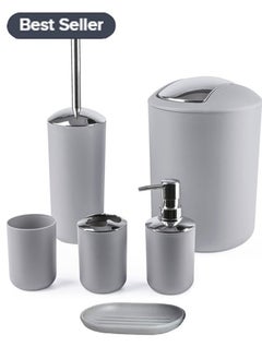 Buy 6 Piece Bathroom Accessories - Plastic Gift Toothbrush Holder, Toothbrush Cup, Soap Dispenser & Dish, Toilet Brush Holder, Trash Can, Tumbler Straw Set (Gray) in Saudi Arabia