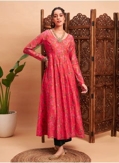 Buy Floral Print Chanderi Pleat Detail Anarkali Maxi Kurta in Saudi Arabia