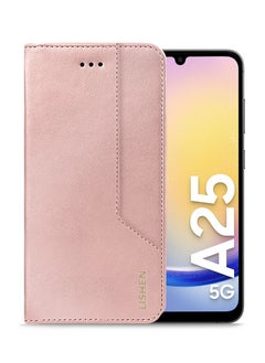 اشتري غطاء حماية أنيق من الجلد الفاخر مع حامل مغناطيسي لهاتف Samsung Galaxy A25 - ذهبي وردي في السعودية