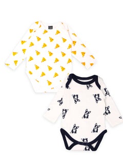 اشتري Kidbea Organic cotton baby Pack of 2 onesies Unisex | Pizza - Yellow and Dog- Blue في الامارات