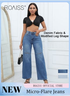 Buy Plus Size Women Denim Pants Solid Color Wide Leg Flared Trousers Leg Flattering Design Fashionable and Versatile Suitable for School and Commuting in Saudi Arabia