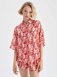 Buy Woman Regular Fit Pyjamas Neck Short Sleeve Homewear Woven Tops in UAE