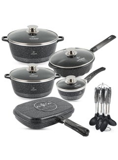 Buy Cookware Set Granite Non-Stick 100% PFOA Free Induction Base 17 pieces Pots and Pans Set with Lid Include Casseroles, Saute Pan, Sauce Pan, Double Grill Pan, Cooking Utensils in UAE