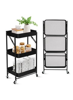 Buy 3 Tier Foldable Metal Rolling Utility Cart Organizer 46x30x76cm Multipurpose Organizer Trolley with Casters for Kitchen, Bedroom, Bathroom, Office, Laundry Room and Garage Black in UAE