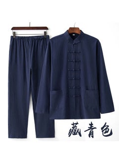 Buy Mens Cotton Linen Tang Suit Long Sleeve Traditional Chinese Outfit Navy blue 2-Piece Set (only 9 pieces left) in Saudi Arabia