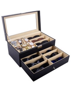 Buy Leather Eyeglasses and Watch Display Drawer Lockable Case Organizer 6 Slots + 9 Compartments Black in UAE