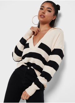 Buy Stripe Detail Sweater With Collar in UAE