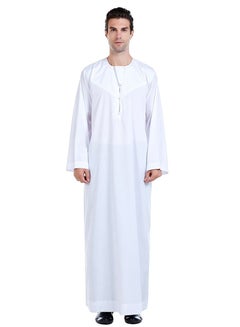Buy Mens Solid Color Concise Style Round Neck Long Sleeve Abaya Robe Islamic Arabic Casual Kaftan White in UAE