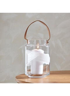 Buy Live Clear Glass Textured Lantern With Leather Handle 14.2 x 21 x 14.2 cm in UAE