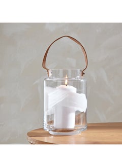 اشتري Live Clear Glass Textured Lantern With Leather Handle 14.2 x 21 x 14.2 cm في الامارات