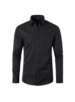 اشتري Men's Elastic Long Sleeve Shirt Solid Youth Men's Wear Non iron Shirt Black في السعودية